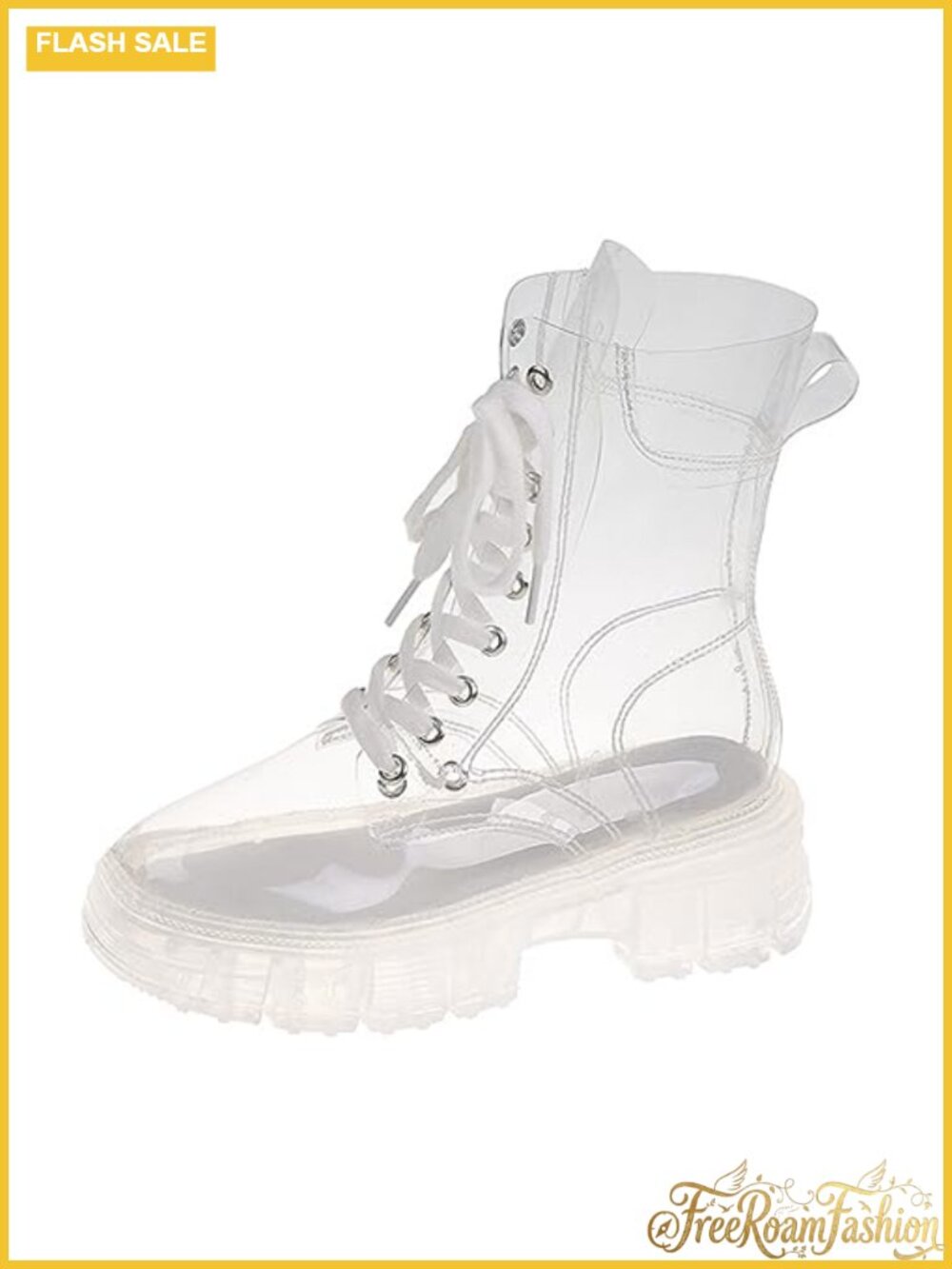 Transparent PVC Lace Up Platform Combat Ankle Boots Waterproof